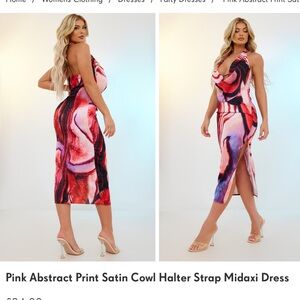 Pink abstract print satin cowl halter strap midaxi dress NEW WITH TAGS
